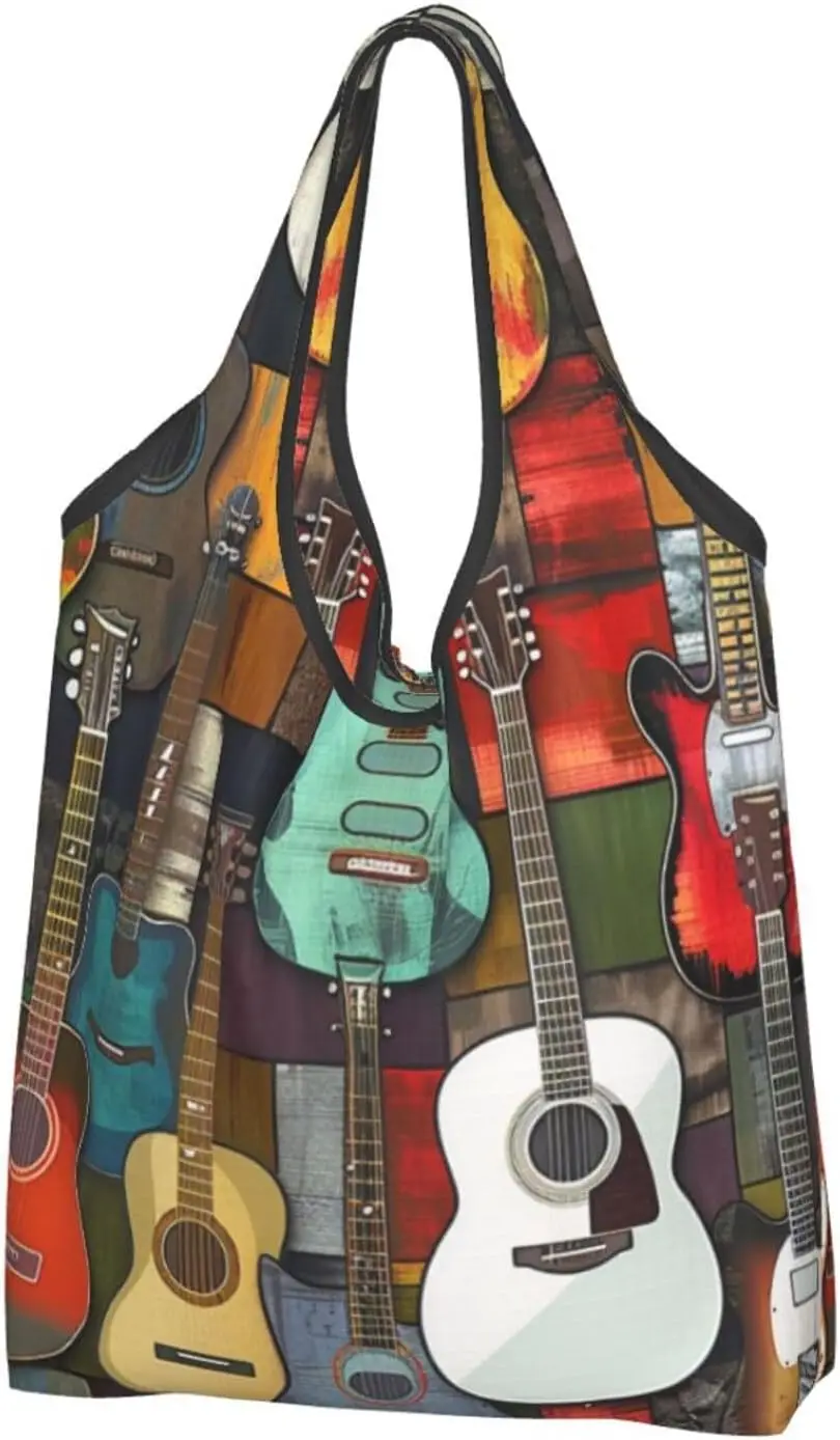 Bolso de compras plegable con estampado de guitarras y acústicas de color, bolsas de compras impermeables, bolsas de comestibles portátiles reutilizables