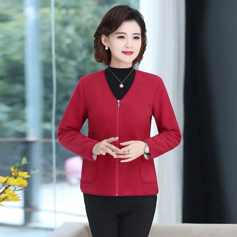 Autumn Winter Coat Add Fleece Warm Sweater Hoodie Women's Wear Inside Fleece Shirt Top Middle-Aged Elderly Mom Keep Warm Jacket