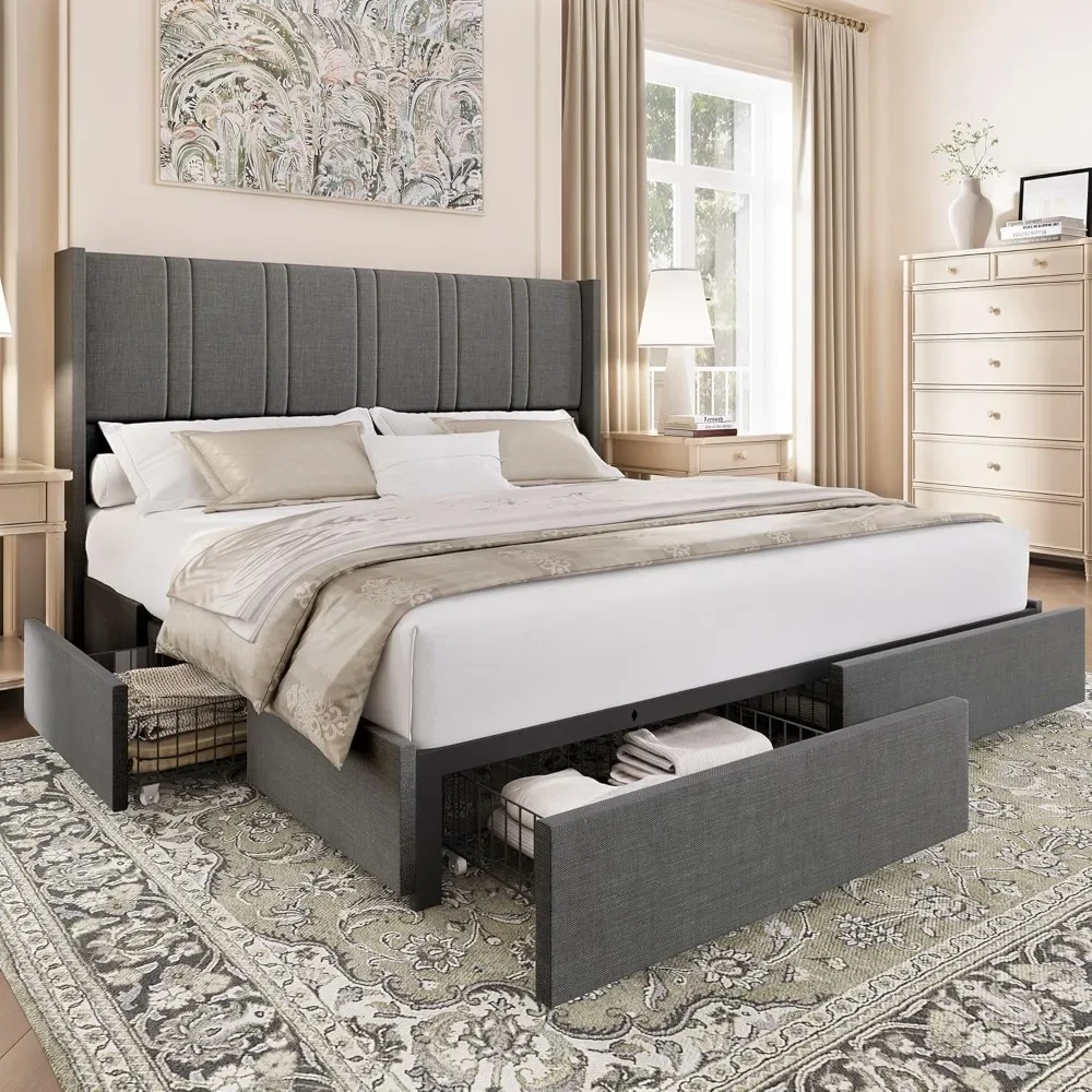 King Bed Frame with 4 Storage Drawers Linen Platform Bed with Wingback Headboard, No Box Spring Needed, Platform Bed Frame