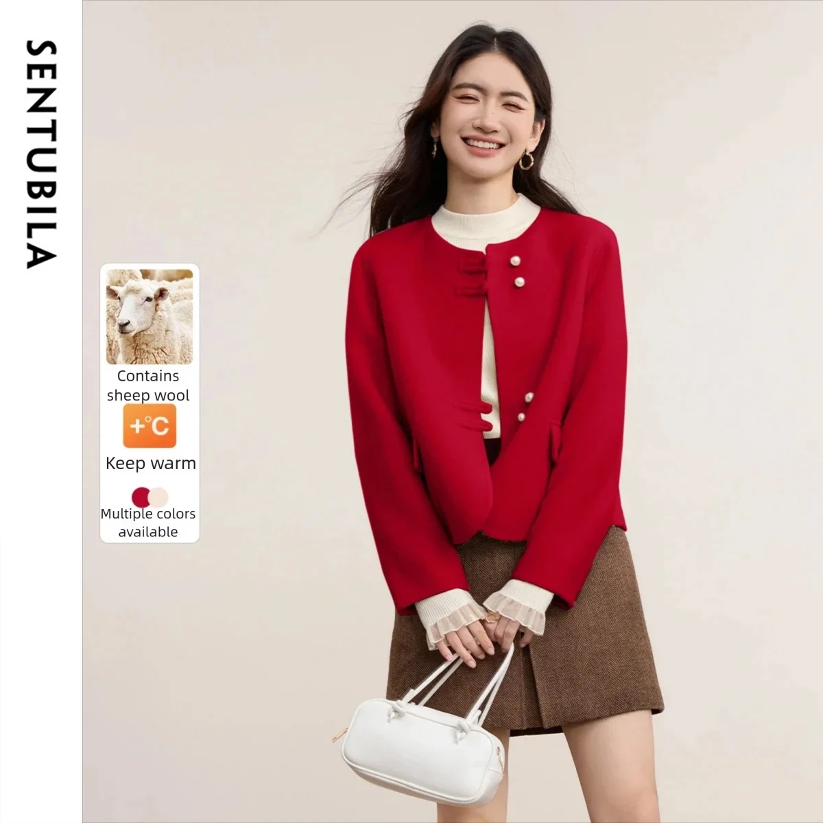 

SENTUBILA Women's Double-Faced Wool Coat 2025 Winter O-neck Long Sleeve Jackets Chinese Style Fashion Solid Outerwear W54OG3092