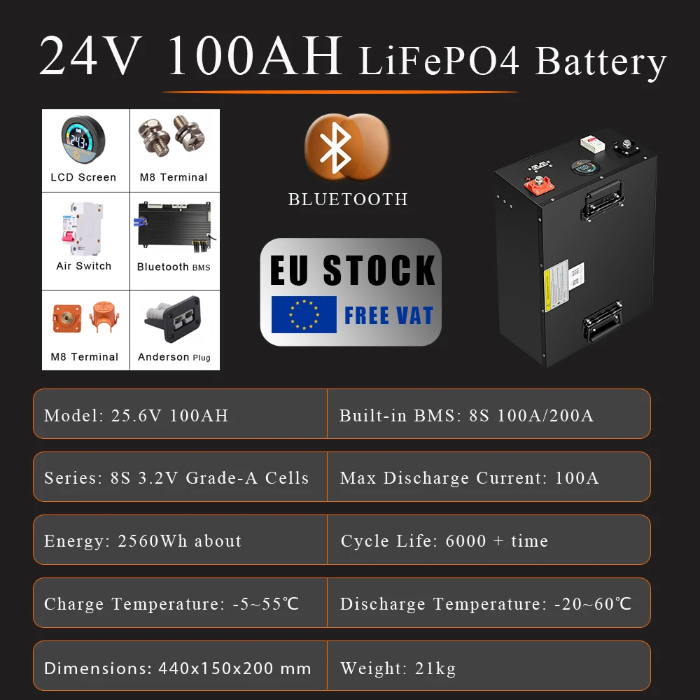 24V 48V 50Ah 100Ah 200Ah LiFePO4 Batterij met ingebouwde Bluetooth BMS 6000+ Deep Cycle voor zonne-energieopslag, camper, golfkar, boot, camper, maritieme trollingmotor, off-grid.