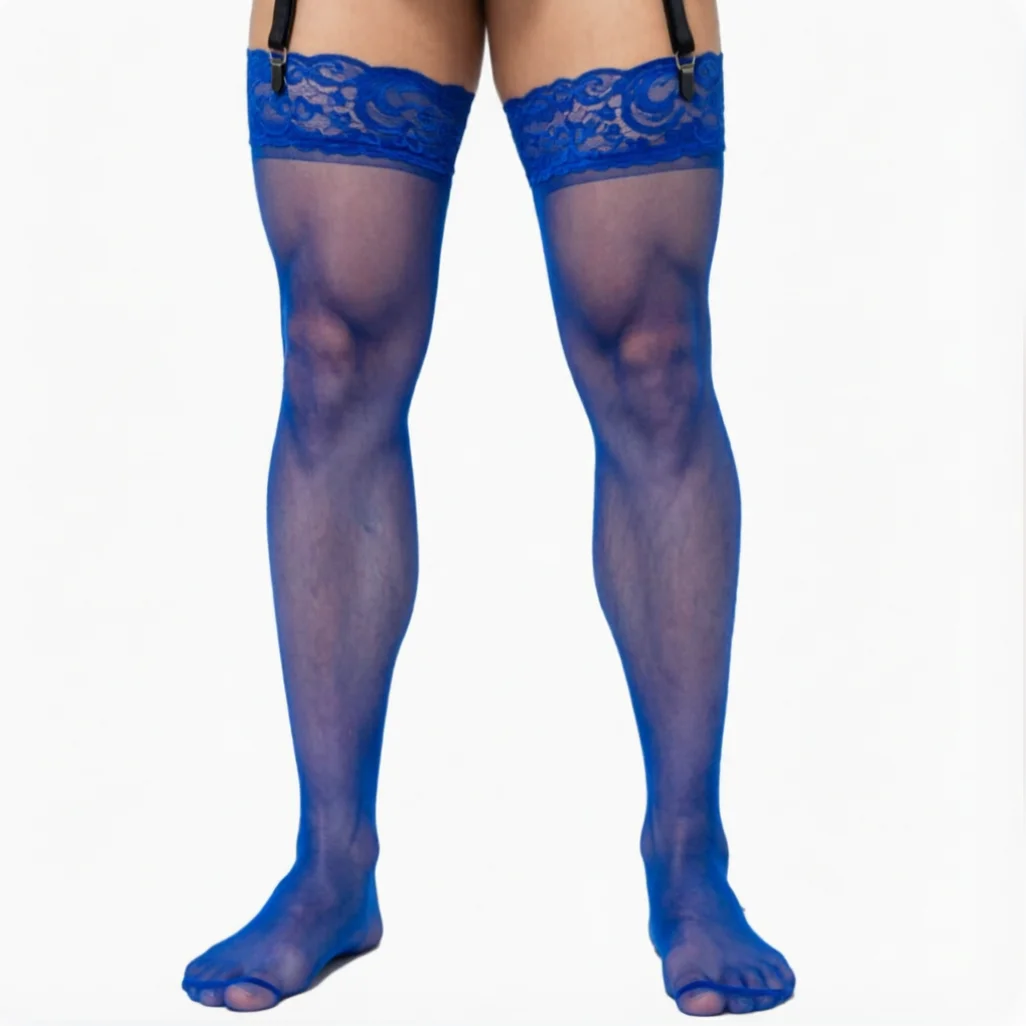 Vintage Men's Dark Green Long Socks Sheer Silky Lace Stockings Coffee Black Grey Blue Color Male Socks 2026 Calcetines Hombres - view 2
