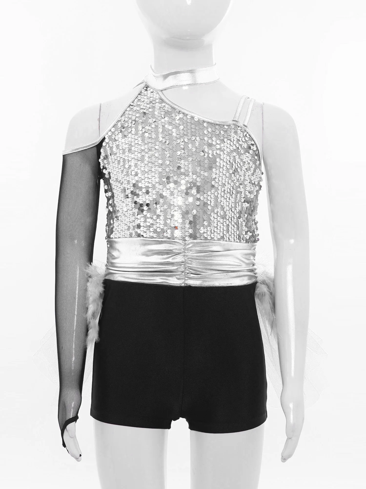 Kinder Mädchen Latin Jazz Dance Overall One Shoulder Glitzernde Pailletten Mieder Feder Tüll Tutu Trikot mit Rock Bühnenwettbewerb