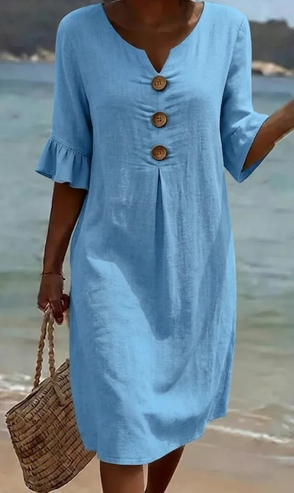 Vestido de lino y algodón para primavera y verano 2026, escote en V con botones grandes y volantes, estilo europeo y americano para venta transfronteriza 2