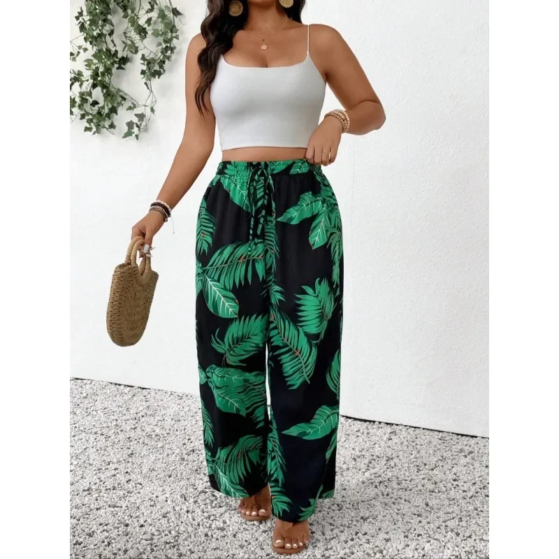 プラスサイズ 1XL-5XL 女性用花柄パンツ 春夏 薄手 ハイウエスト スリム アイスシルク ストレッチ 花柄 ストレートレッグ レディースパンツ