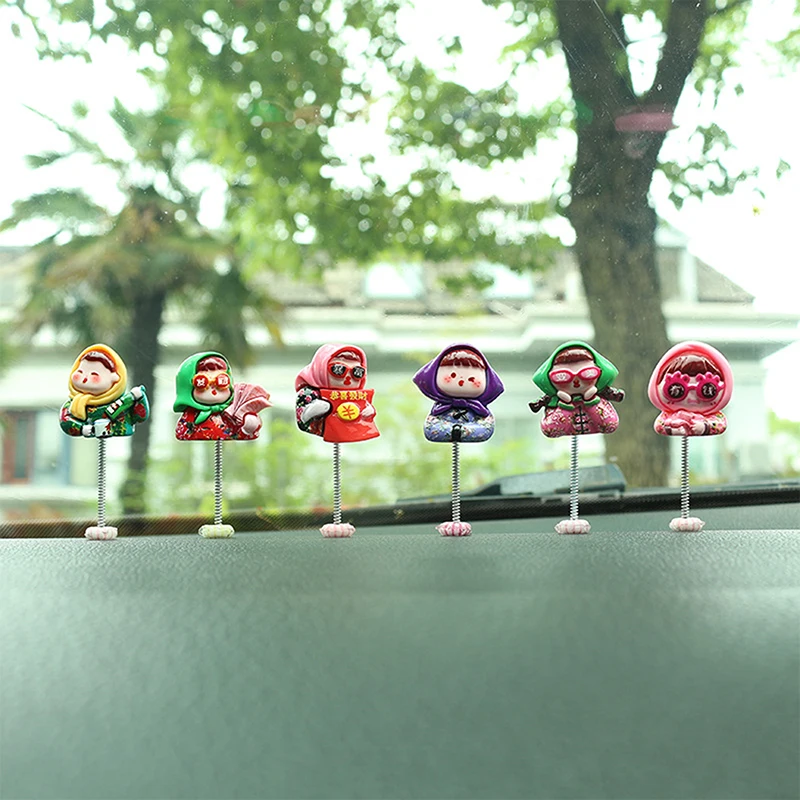 6Pcs Cute Mini Shaking Head Village Girl Car Dashboard Ornament Car Fun Decor Interior Fairy Garden Home Car Gifts