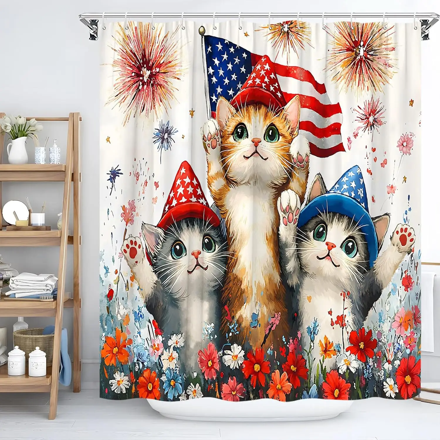 

Занавеска для душа с изображением кота 4 июля, патриотическая милая котенок, День памяти, американский флаг, День независимости, синяя, красная, акварель