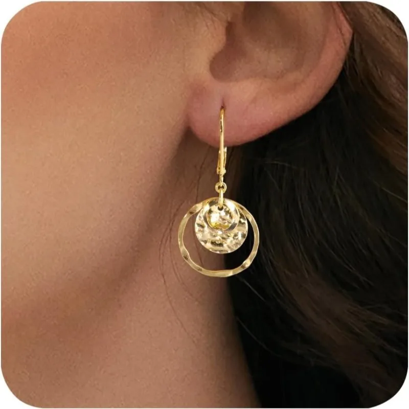 Hammered Disc Leverback Earrings for Women 14K Gold Circle Drop Dangle Earrings Jewelry Hypoallergenic Dangle Earrings Gifts