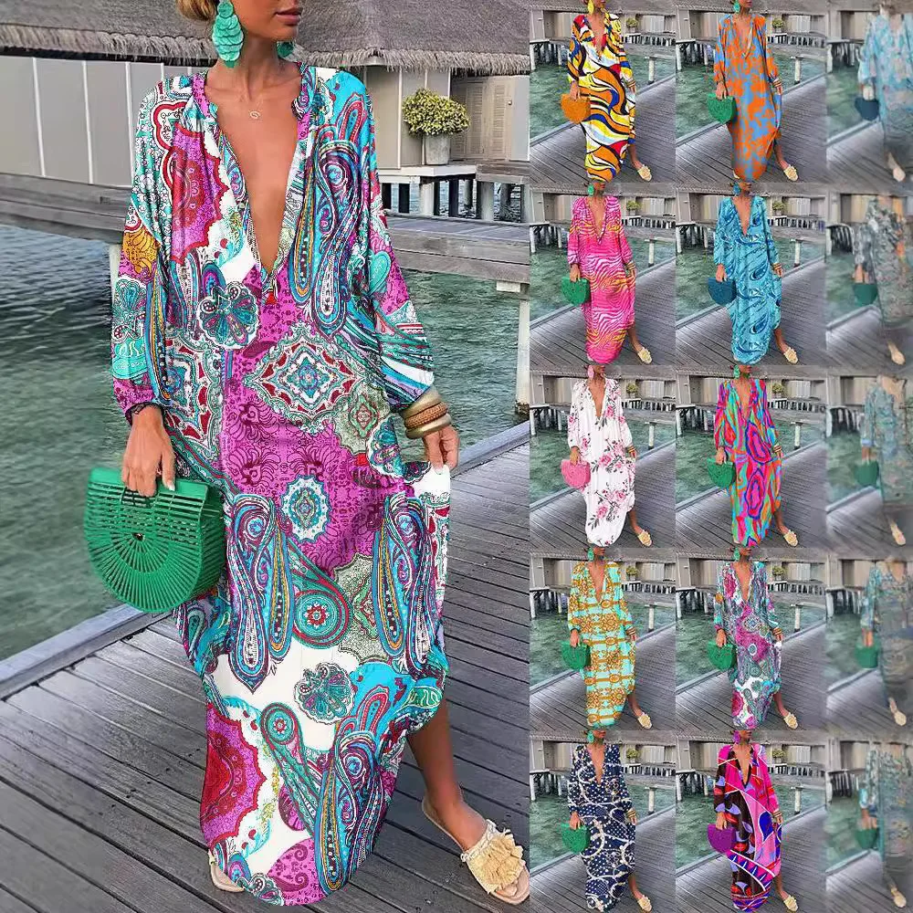 

European and American new style fashion printed V-neck dress for women