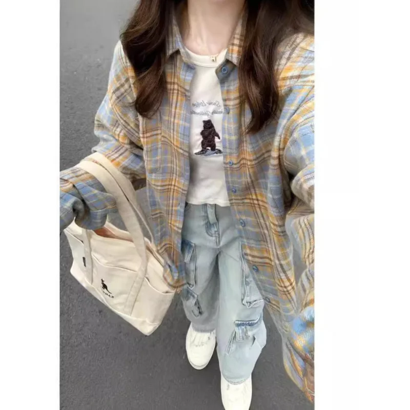 2024Retro Yellow Plaid Shirt Women Summer New Long Sleeve Shirt Women Niche Design Loose Casual Top