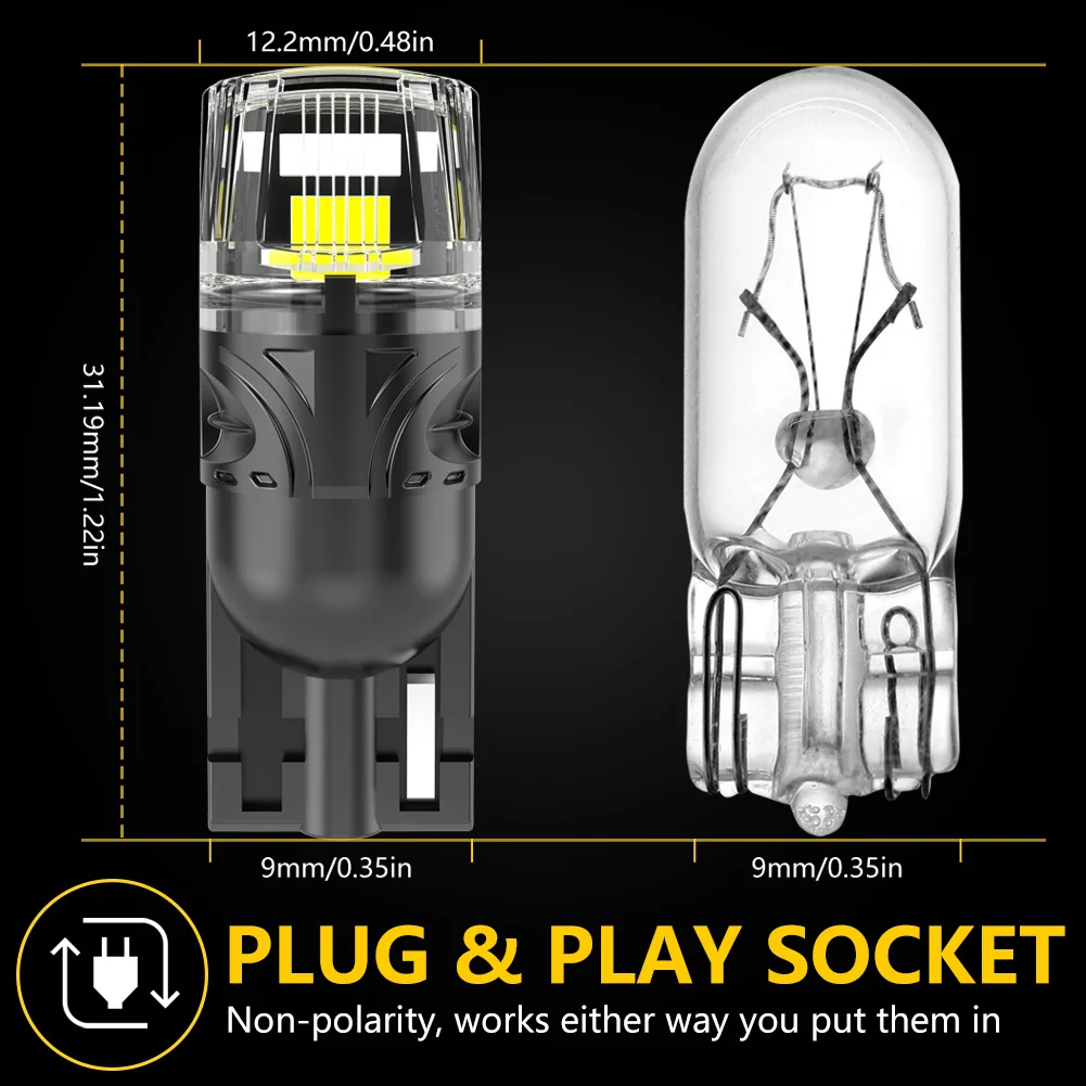 2Pcs Canbus T10 LED W5W LED Bulb No Error Car Interior Trunk Lights Side Marker License Plate Lamp White Super Bright