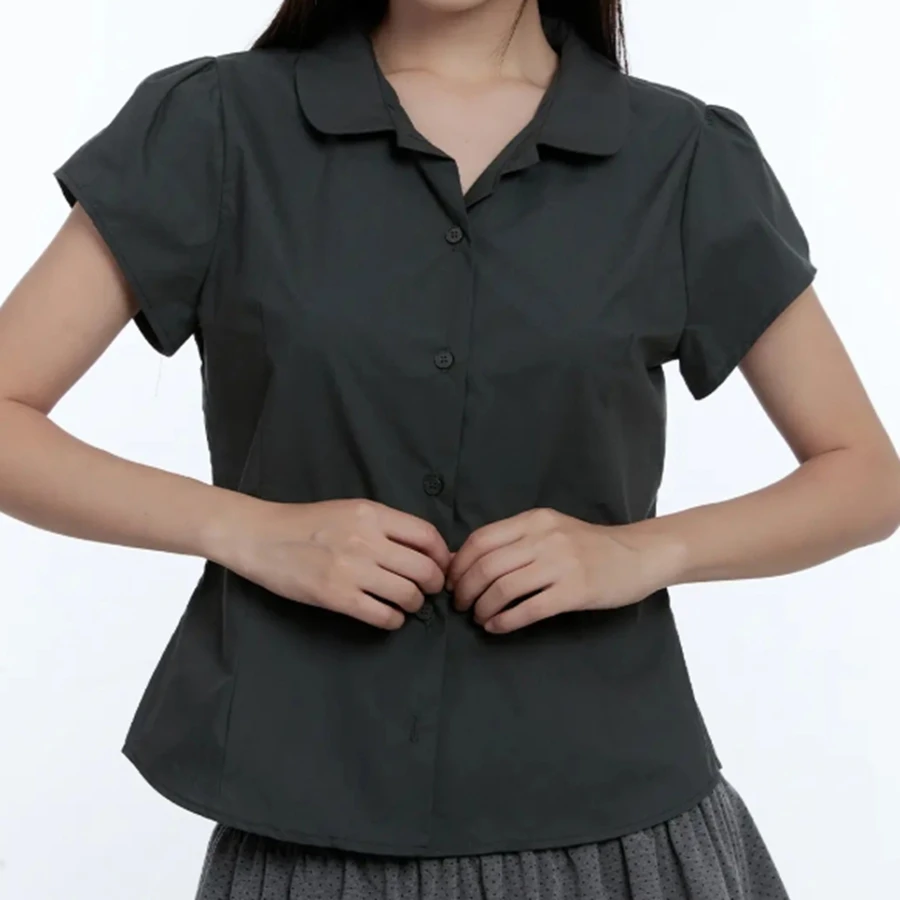 Y2K 셔츠 여성용 버튼 다운 셔츠 캐주얼 슬림핏 스타일리시한 솔리드 컬러 턴다운 칼라 반소매 탑 여름용