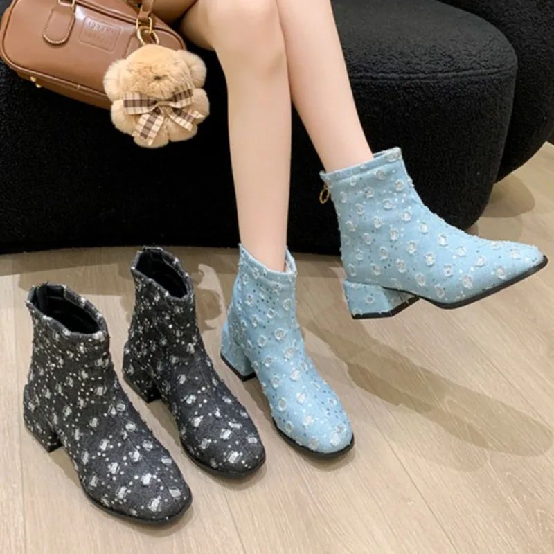 2026 Fashionable Distressed Denim Design Mid Heel Women's Ankle Boots New Round Toe Thick Heel Zipper Casual Boots for Women