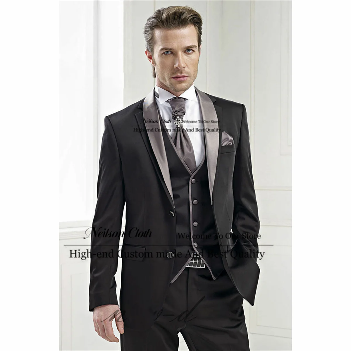 

Black Men Suits Gray Shawl Lapel Male Prom Blazers 3 Pcs Sets Jacket+Pants+Vest Groom Wedding Tuxedos Slim Fit Terno Masculino