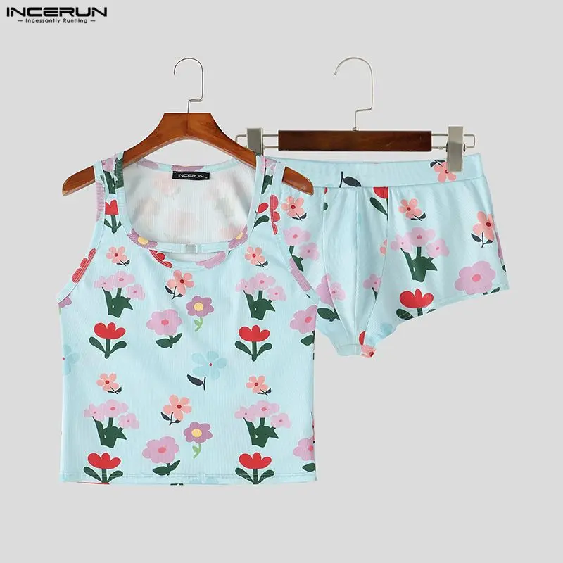 INCERUN Men's Sets Flower Printing Summer Homewear Sleeveless Tank Tops Shorts Two Piece Sets 2026 Casual Unisex Matching Sets - view 5