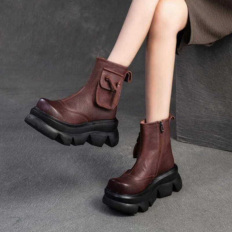 Natural Genuine Leather Handmade Retro Chimney Motorcycle Ladies Fashion Ankle Booties Women Moccasins Autumn Boots Spring Shoes