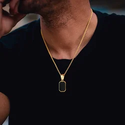 Casual Mens Geometric Square Necklaces,Black Enamel Rectangle Pendant with Rope Box Long Chain Collar,Stylish Jewelry Gifts
