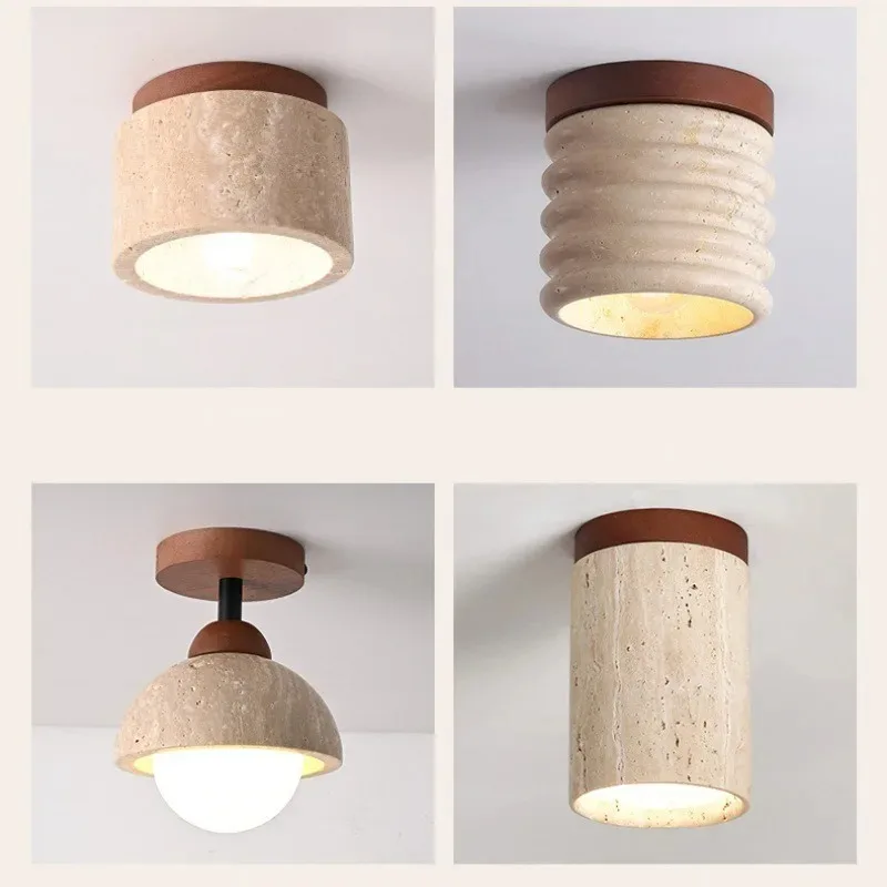

LED Ceiling Light Yellow Travertine Cream Nordic Ceiling Lamp Ancient Silence Corridor Entrance Aisle Lamp with Wood Base