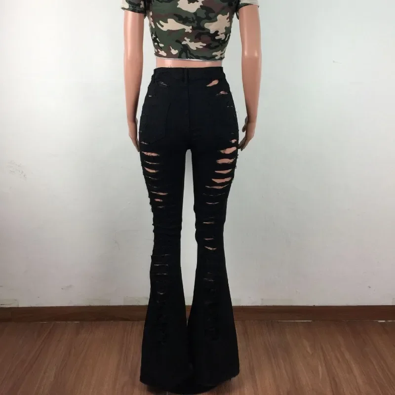 Fashion Indie Style Oversize Sexy Tassels Denim Flared Pants Night Club Women Ripped Jeans Blue Black Hollow Out Trousers 3XL