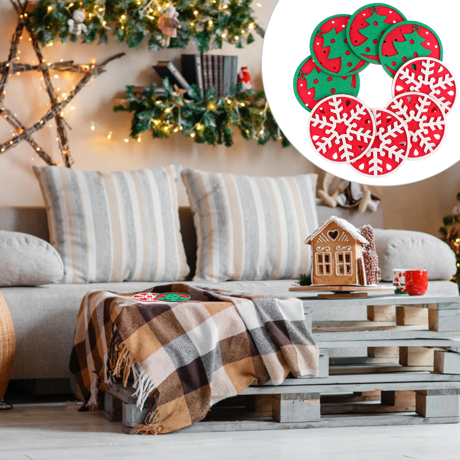 Set di 8 sottobicchieri in feltro a tema natalizio, decorazioni per la tavola rotonda, tappetini assorbenti resistenti al calore, perfetti per i regali di festa