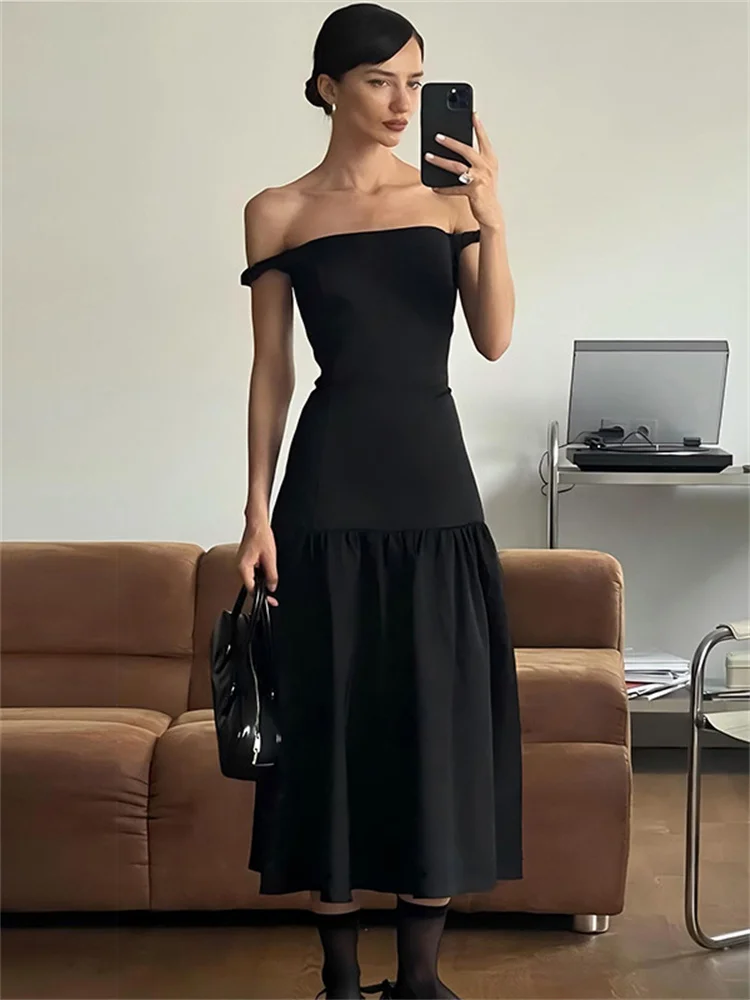 

Tossy Off-Shoulder Fashion Black Long Dress Ladies Slim High Waist Patchwork Backless Summer 2024 Party Dress Women Solid Dress