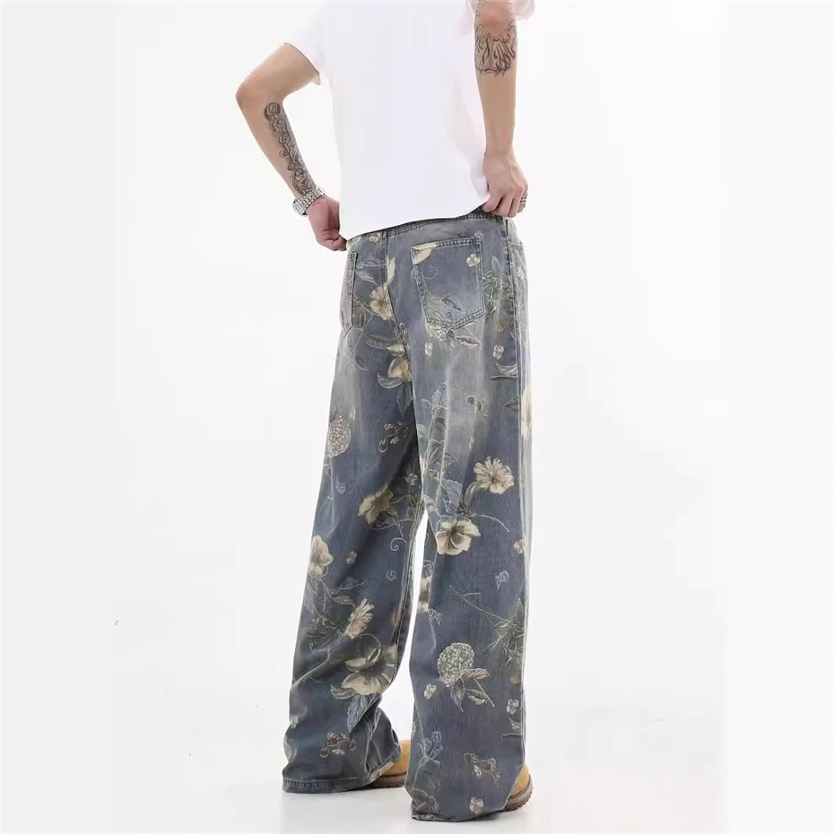 Hip Hop Flower Printed Jeans Mens Streetwear Punk Y2k Jeans Trousers Men Harajuku Vintage Washed Baggy Wide-leg Denim Pants