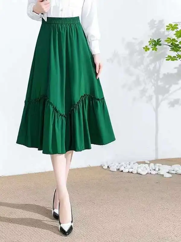 

High Waist Pleated Skirt Women's Summer New Style Elastic Waist A-Line Midi Umbrella Skirt Korean Style Casual Slimming