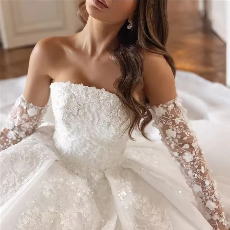 فستان زفاف أنيق مخصص بدون حمالات فستان منتفخ رسمي بأكمام طويلة estidos de novia amanda novias amanda novias #2