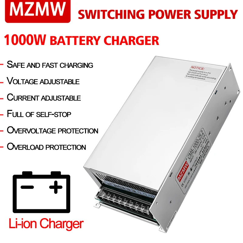 MZMW 1000W Li-ion Lithium battery Fast charger adjustable Switching power supply 12v 24v 36v 48v 13S 60V 16S 72V 3s-20s 0-70A