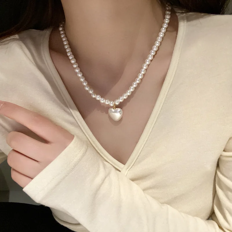 Trend Elegant Jewelry Wedding Big Pearl Heart Pendant Necklace For Women Fashion White Imitation Pearl Choker Necklace N0359