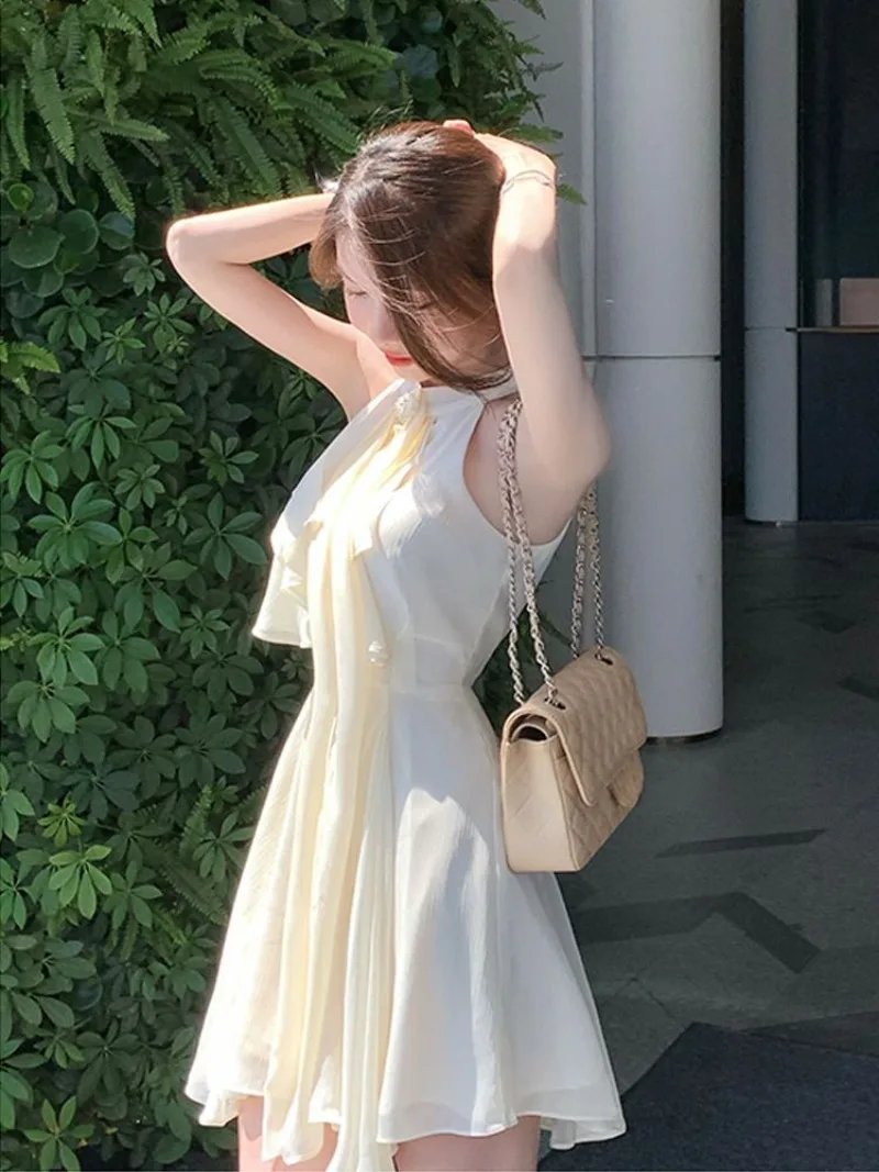 French Celebrity Irregular Chiffon Hanging Neck Dress Women Ruffled Edges Patchwork Ribbon Sleeveless Solid Summer Princess Wear