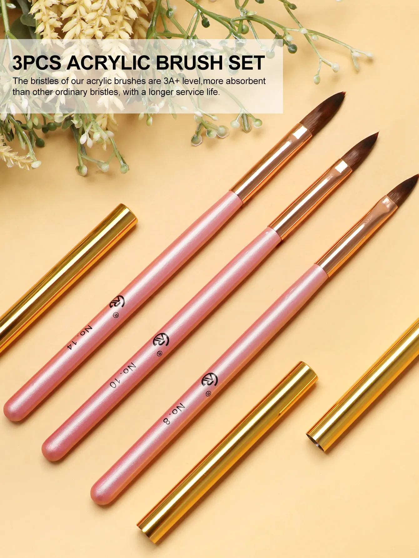 Escova acrílica para arte em unhas, tamanho 8/10/14, cabo rosa, pincel acrílico profissional, pó estendido, gravação de unhas, ferramenta de design diy