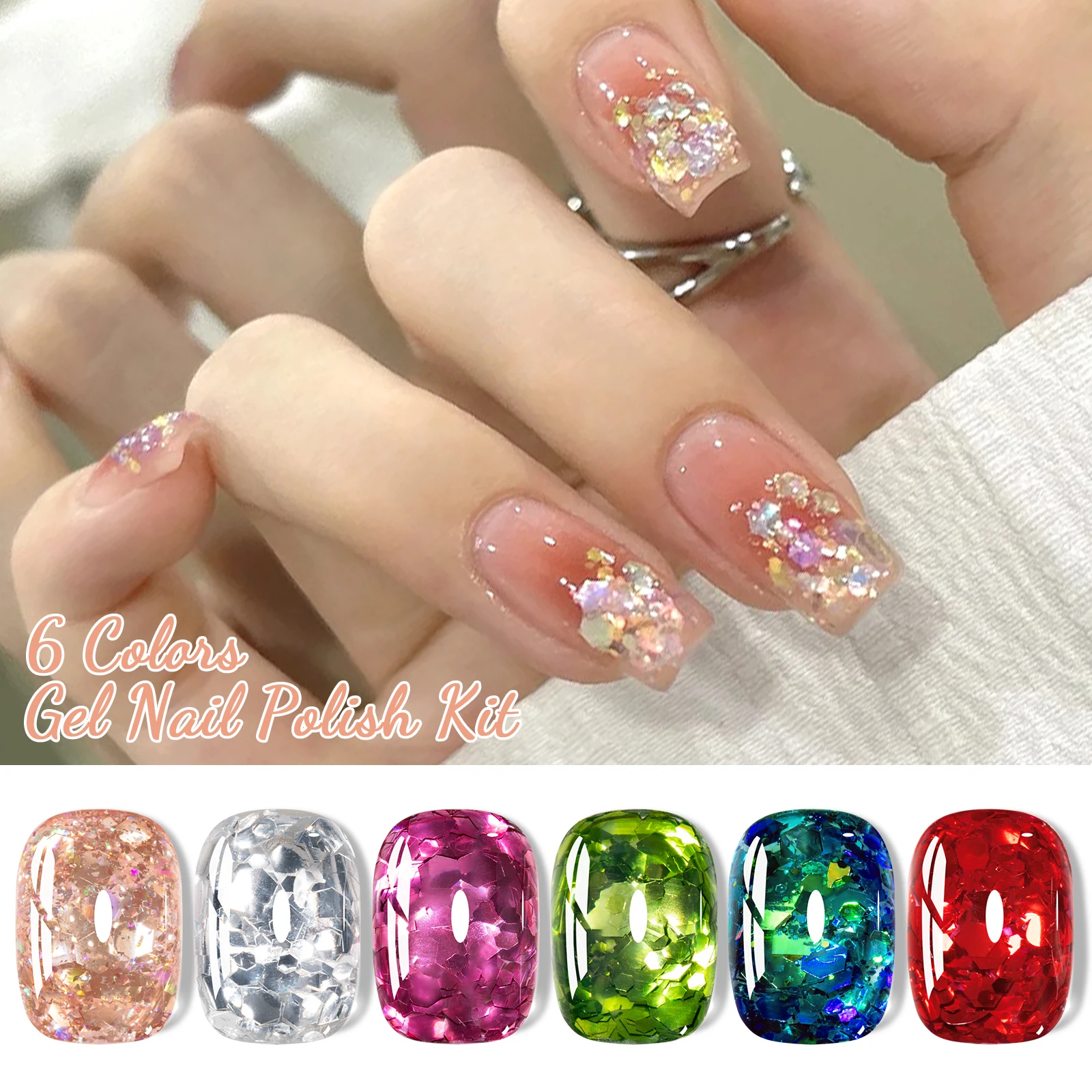 Ensemble de vernis à ongles Gel à paillettes, avec brosse à ongles, paillettes scintillantes, semi-permanentes, à tremper, fournitures pour ongles, 6 pièces