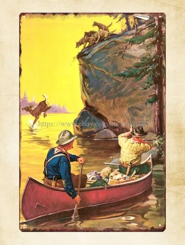 cabin decor 1930 calendar print Hunters in Canoe Hy Hintermeister metal tin sign