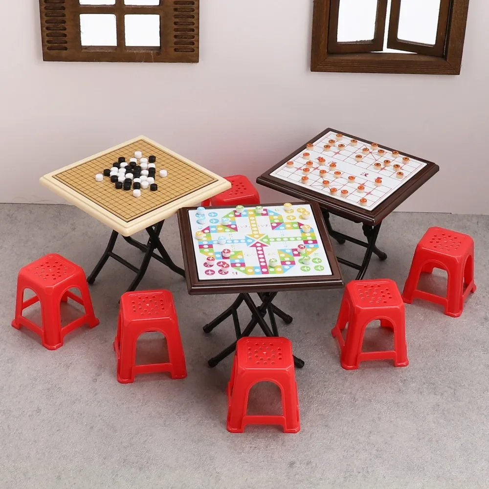1/12 Miniature Chess Games Set with Table Chairs Dollhouse Decoration Accessories Mini Chess for Doll House