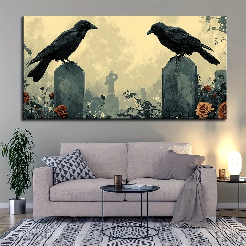 1.5 inch thick pine solid wood frame, Halloween crow and floral tombstone canvas art wall decoration