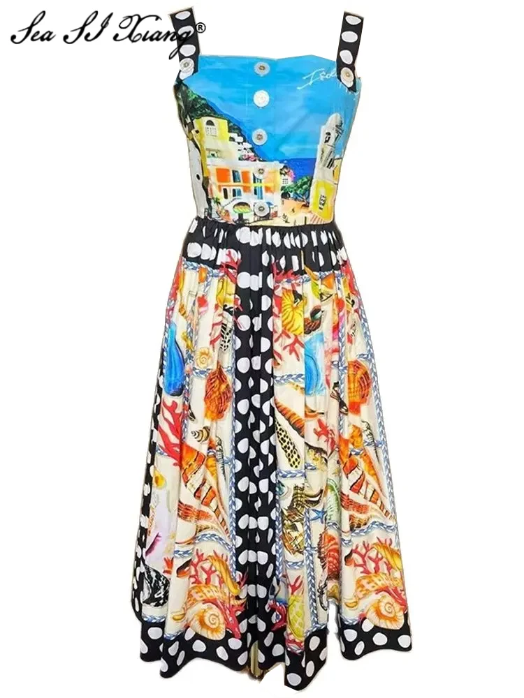 

Seasixiang Fashion Designer Summer Cotton Backless Dress Women's Spaghetti Strap Sleeveless Dot Shell Print Vacation Dresses