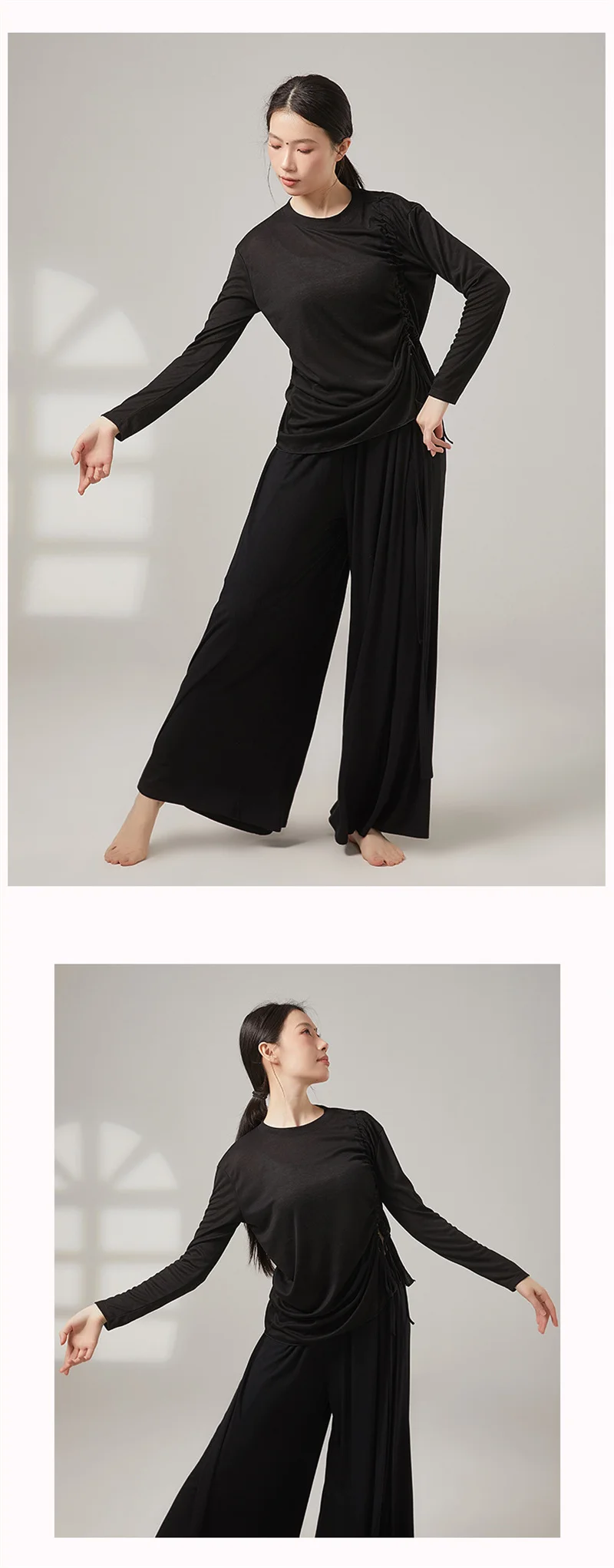 Damen Modernes Klassisches Tanz-Oberteil mit Kordelzug, Weiches Lyocell-Polyester T-Shirt, Atmungsaktives Schweißabsorbierendes Ballett-Tanztop – Detail 6