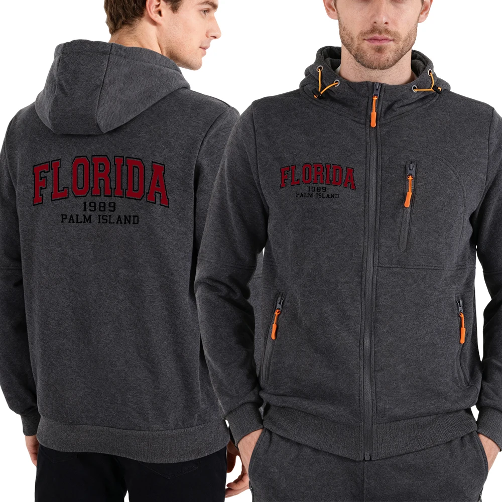 

Florida 1989 Palm Island Prints Zipper Hoody Male Fashion Pocketed Top Vintage Oversize Hooded Fleece Casual Sportswears