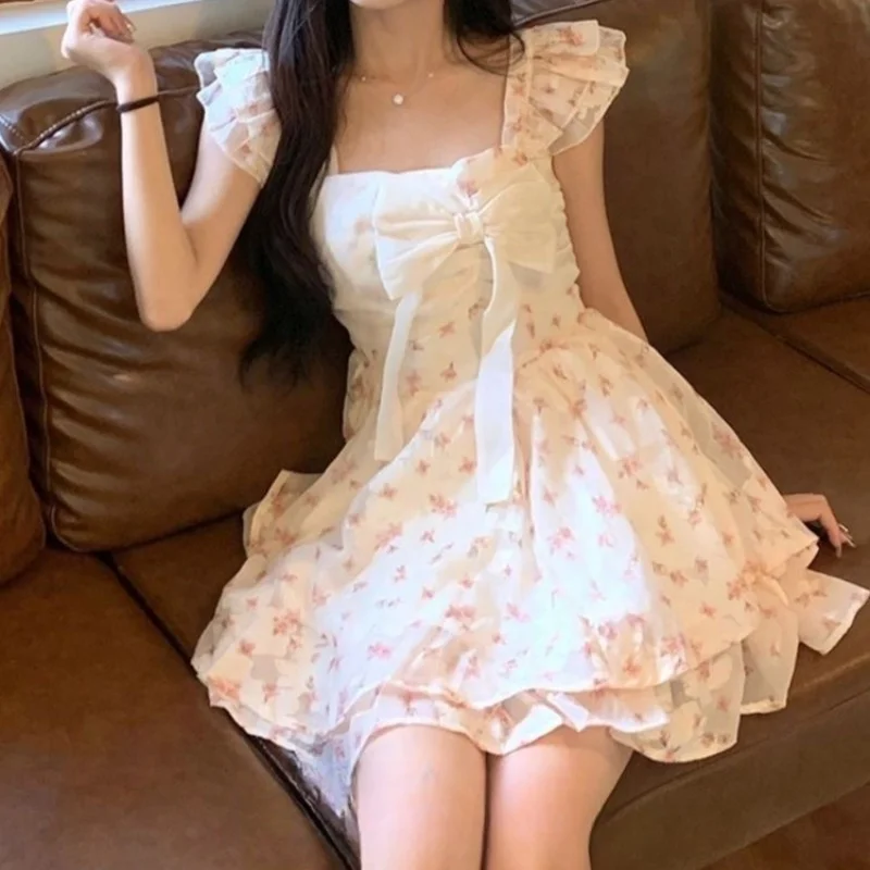 

Chiffon Sweet Floral Short Dresses Women Summer Flying Sleeve A Line Bow Tie Vestidos Elegant Party Holiday One-piece Clothing