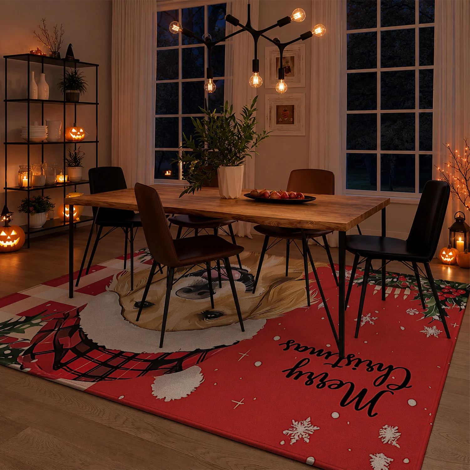 Large Indoor Area Rug, Soft Velvet Low Pile Non-slip Machine Washable, Christmas Golden Retriever Red Plaid Holly Pattern for Living Room Bedroom Holiday Home Decor