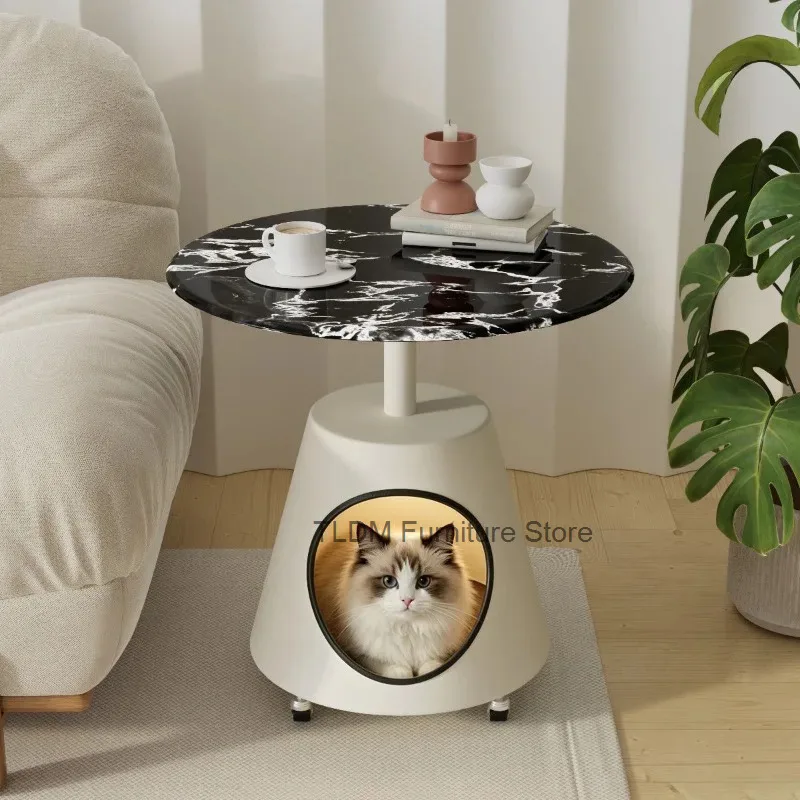Marble Pattern Round Side Table Conical Base Built-in Circular Cat House Multifunctional Pet Shelter End Table for Living Room
