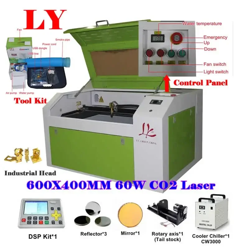 آلة قطع النقش بالليزر Co2 الخشبية 6040 60 واط قاطع ليزر جلدي حفارة DSP مجموعة صناعية مع محور دوار
