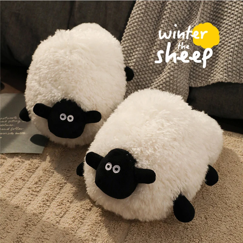 Cartoon lamb sheep slippers cute Shawn fluffy comfortable soft slippers cute warm indoor shoes for couples.