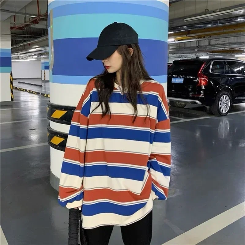 Hoodies Striped Oversized Sweatshirt Women Harajuku Pullovers Korean Fashion Couples Matching Long Sleeve Tops Streetwear