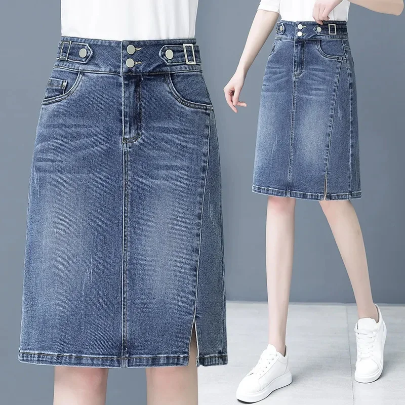 Biyaby Split Jean A-Line Skirt Woman 2023 Summer High Waist Double Buttons Blue Midi Skirts for Women Korean Office Denim Skirt