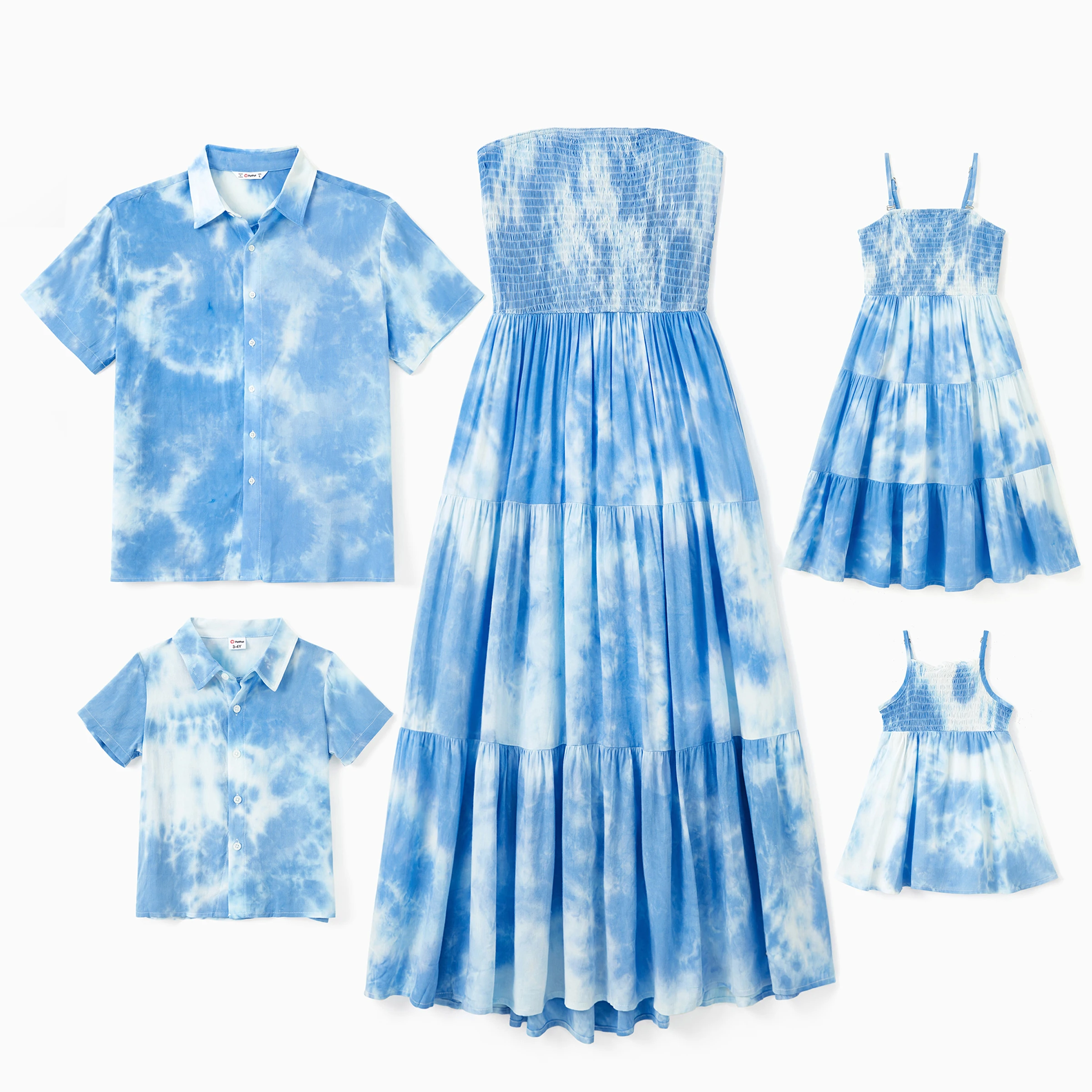 PatPat Family Matching Sets Blue Tie-Dye Print Shirt or Strapless Shirred Top Flowy Tiered Ruffle Hem Dress