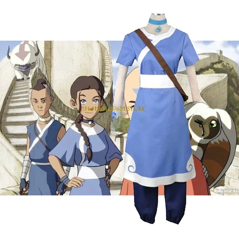 Anime Katara Cosplay Blue Long Dress Costumes Avatar The Last Airbender Cosplay Costumes Halloween Female Suit Set Clothing