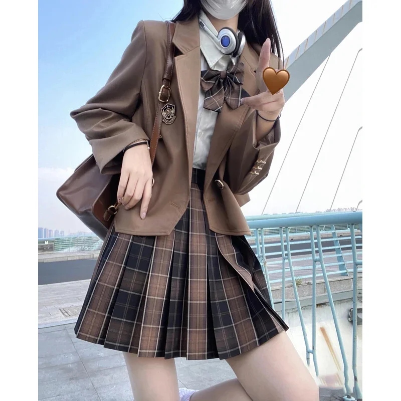 

Long Sleeve JK School Uniform Suit Autumn Winter High Waist Plaid Pleated Skirts Women Students Girls Clothes