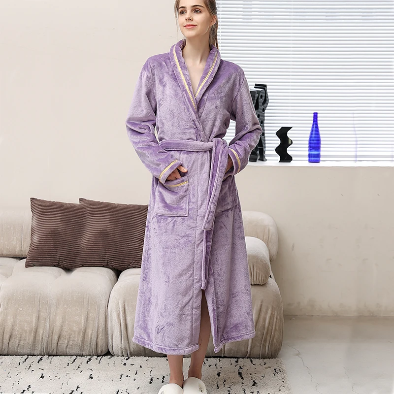 Autumn Winter warm thick extended nightgown women\'s bath pajamas Flannel Women\'s bathrobe couple coral velvet homewear long